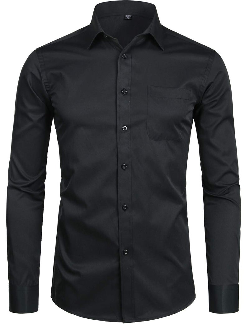 ZEROYAA Men's Long Sleeve Dress Shirt Solid Slim Fit Casual Business Formal Button Up Shirts with Pocket ZSSCL01 Black Small - Image 1